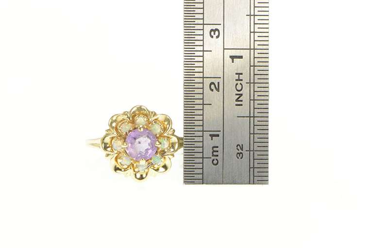 14K Yellow Gold Amethyst Opal Halo 1960's Floral Cocktail Ring