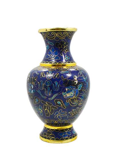 Vintage Small Cloisonné Vase in Tones of Blue With Floral and Dragon Pattern