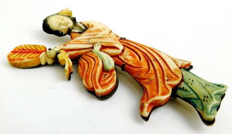 Antique Bone Geisha Girl Large Brooch