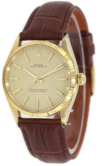 1964 Rolex Oyster Perpetual, 34mm, Rolex Leather Band, 14K Gold