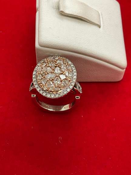 certified ladies 14k white gold and diamond ring with rose gold accent
