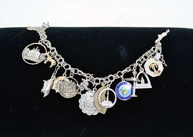 Vintage Sterling Chain Bracelet With 16 Different Theme Charms, Mostly Souvenirs