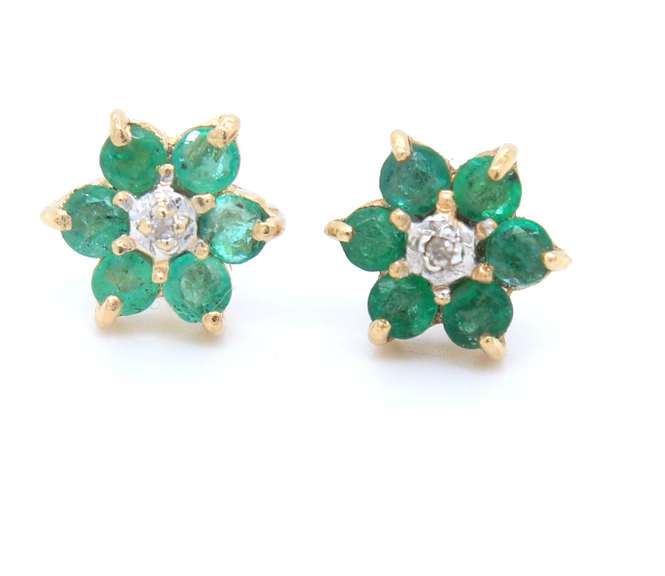 Gorgeous Yellow Gold Emerald and Diamond Flower Earrings