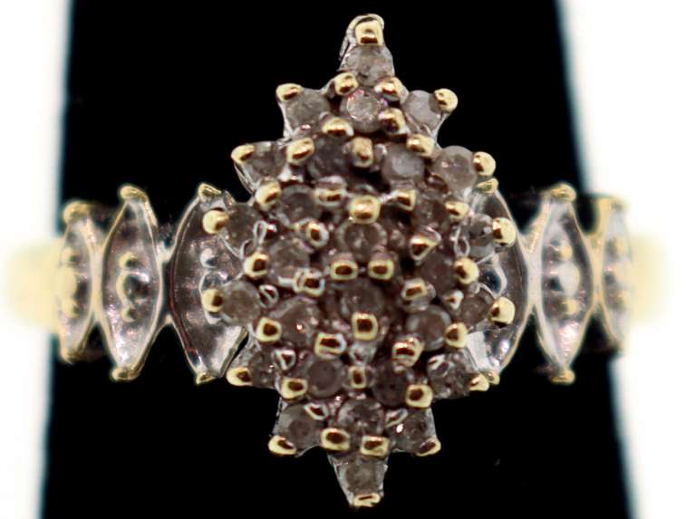 10k Gold Diamond Cluster Ring Flanked by Mini-Clusters