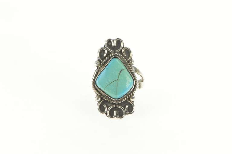 Sterling Silver Ornate Turquoise Cabochon Southwestern Ring