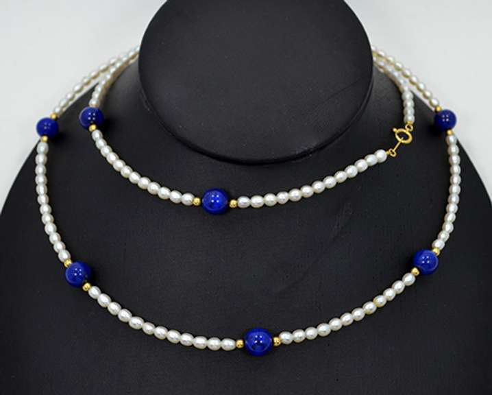 Lapis Lazuli Ball and Freshwater Cultured Pearls Necklace With 18k Yellow Gold Accents