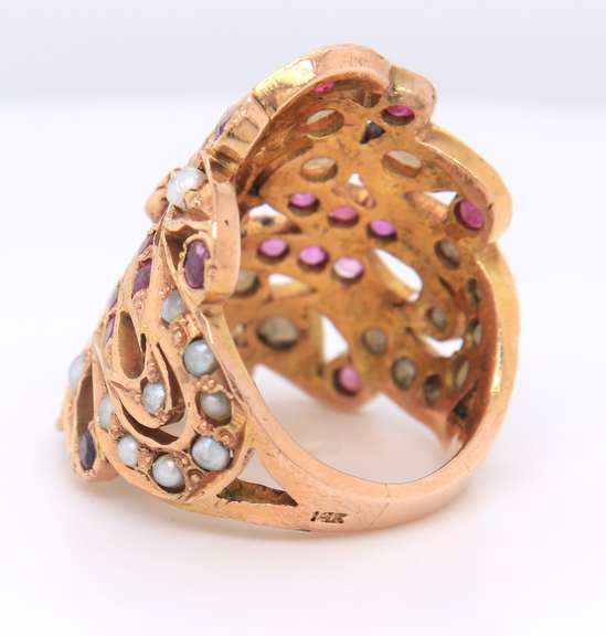 Wonderful Yellow Gold Indian Style Ruby and Diamond Wide Ring