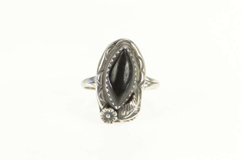 Sterling Silver Black Onyx Southwestern Artisan Leaf Feather Ring