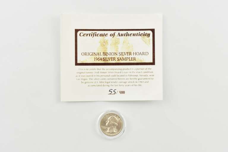 1964-D Washington Quarter Orig. Binion Silver Hoard Sampler 55/400 COA