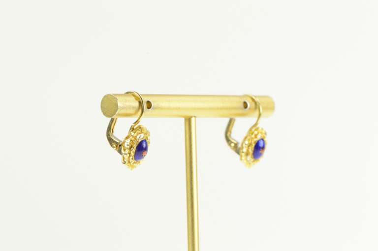 18K Yellow Gold Domed Blue Red Enamel Scalloped Trim Dangle Earrings