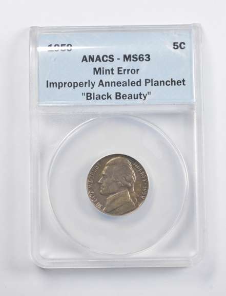 MS63 1959 Jefferson Nickel Error Improp. Annealed "Black Beauty" ANACS