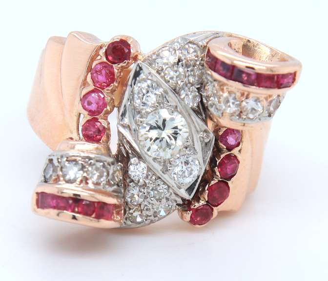 Retro 30's approximate 0.40ctw Diamond and Ruby Ring