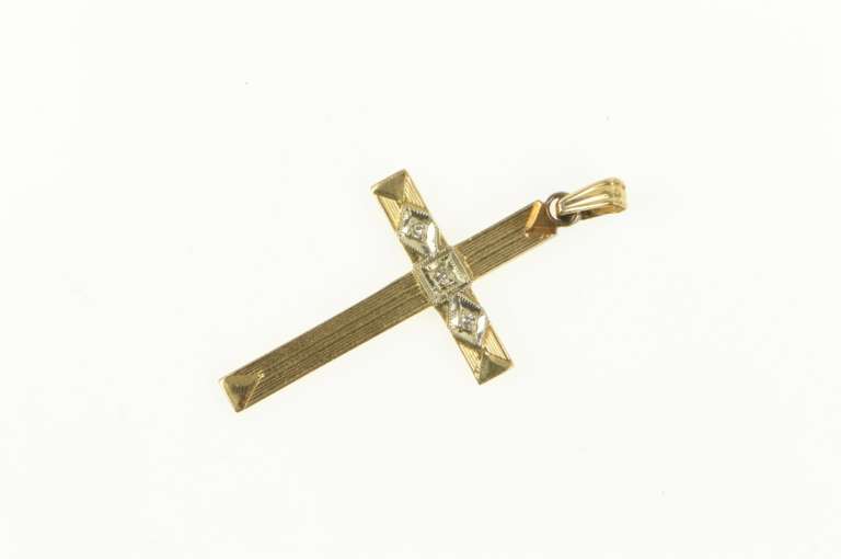 14K Yellow Gold Art Deco Diamond Inset Vintage Cross Pendant