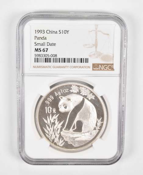 MS67 1993 China 10 Yuan Silver Coin - Panda - Small Date - Graded NGC