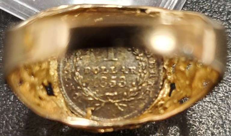 1853 Type One $1 Gold Piece in fancy antique 10k gold ring