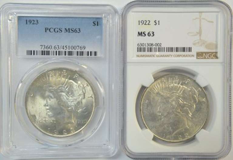 Choice BU 1922 (NGC MS63) and 1923 (PCGS MS63 Peace Dollars