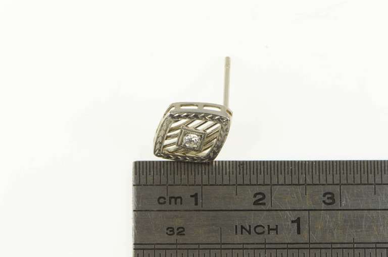 14K White Gold Art Deco Diamond Squared Filigree Single Stud Earring