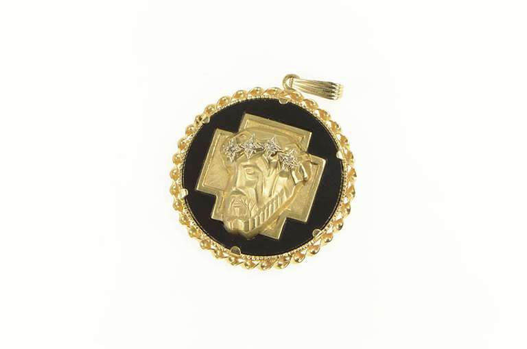 14K Yellow Gold Jesus Crown of Thorns Onyx Diamond Christian Pendant