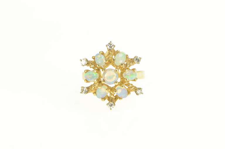 14K Yellow Gold Victorian Style Opal Diamond Flower Cluster Ring