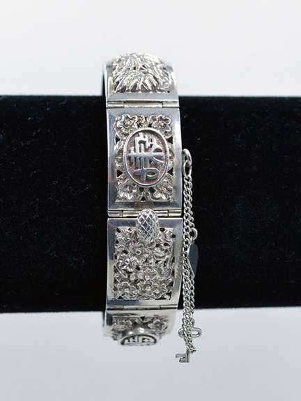 Vintage 925 Silver Panel Link Bracelet With Chinese Symbols, Box Clasp, Safety Chain, and Two Little Charms