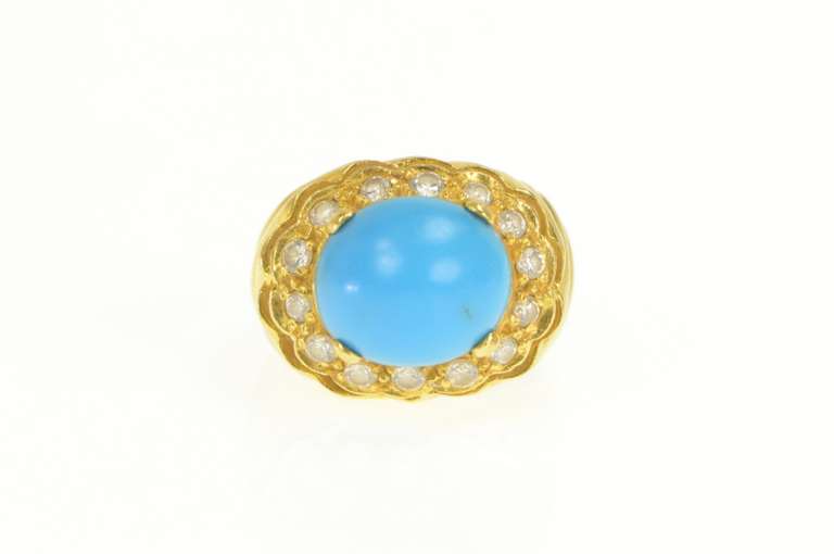 18K Yellow Gold Turquoise Scalloped Halo Domed Spiral Vintage Ring