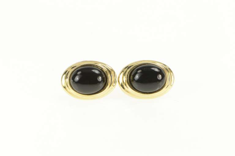 14K Yellow Gold Oval Black Onyx Grooved Cabochon Stud Earrings