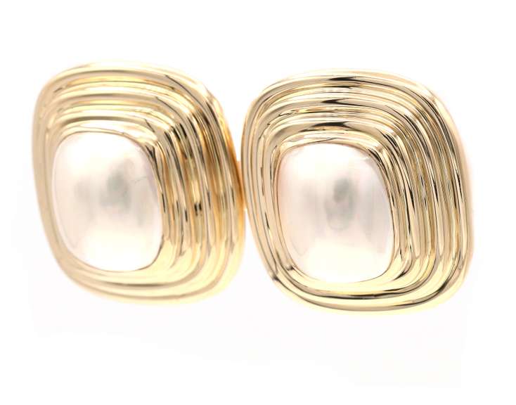 Cushion Shaped Mabe Pearl Earrings in 14K Yellow Gold