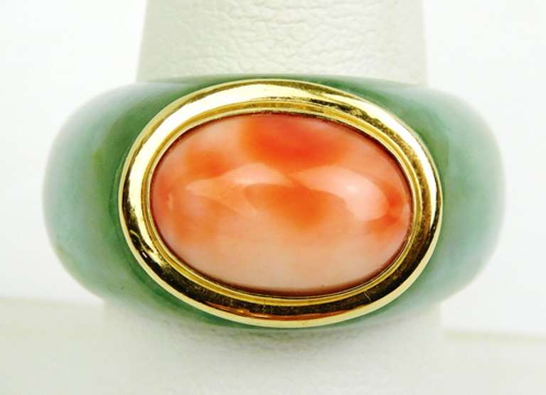14K Jade & Coral Ring, Size 9