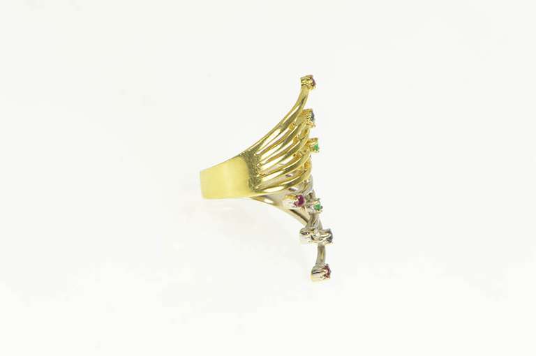 18K Yellow Gold Diamond Emerald Ruby Sapphire Fanned Bypass Ring