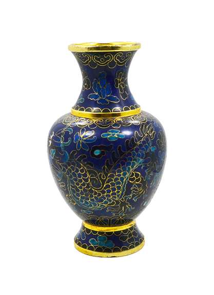 Vintage Small Cloisonné Vase in Tones of Blue With Floral and Dragon Pattern