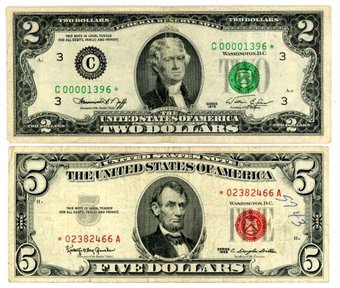 2 US Star Notes: 1976 $2, and 1963 $5