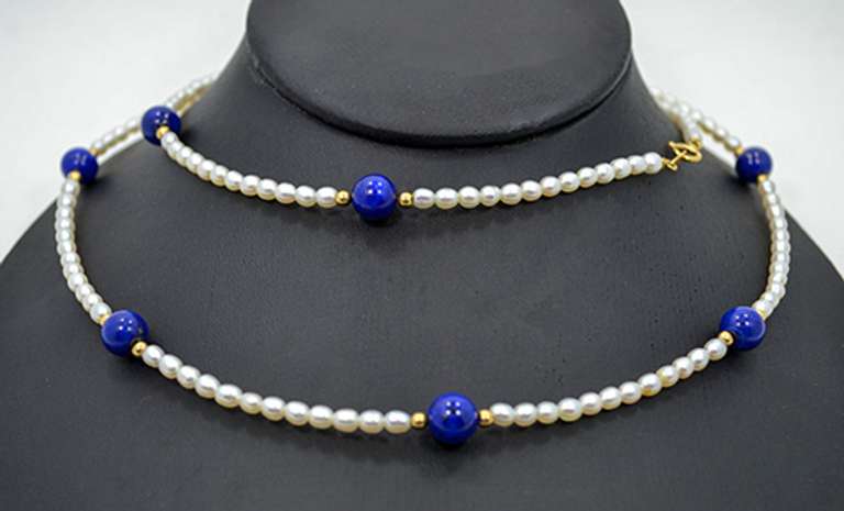 Lapis Lazuli Ball and Freshwater Cultured Pearls Necklace With 18k Yellow Gold Accents
