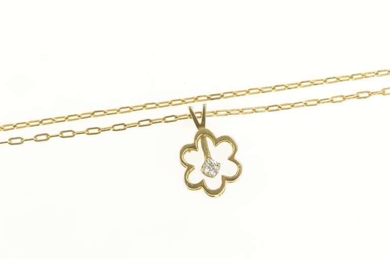 14K Yellow Gold Diamond Flower Paperclip Link Daisy Chain Necklace