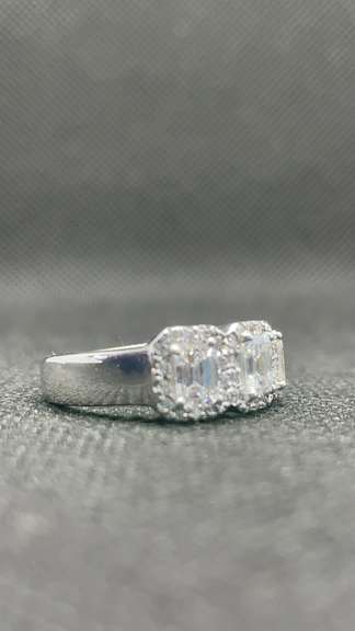 HALO 3 STONE EMERALD ENGAGEMENT RING IN 14K WHITE GOLD