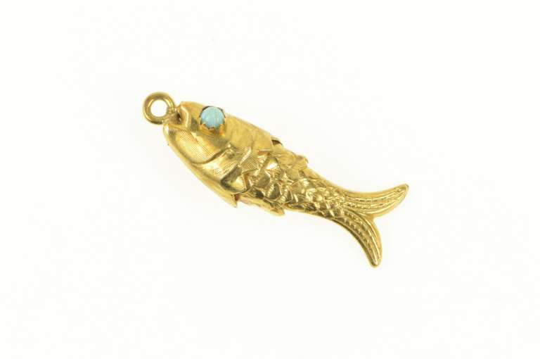 14K Yellow Gold 1940s Turquoise Eyed Articulated Fish 3D Charm/Pendant