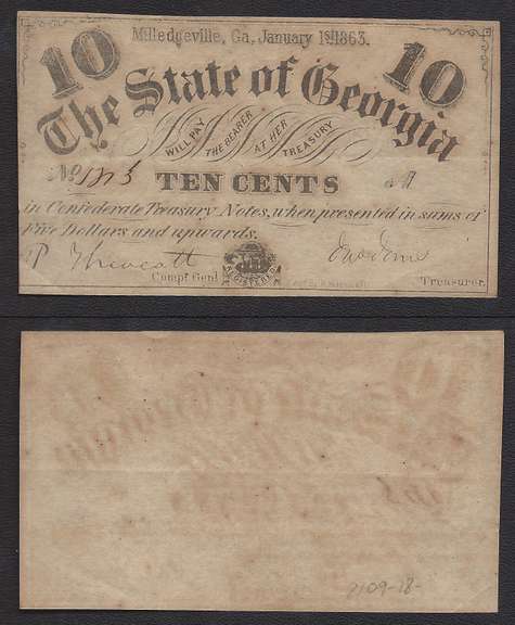 10 Cents State of Georgia Obsolete 1863