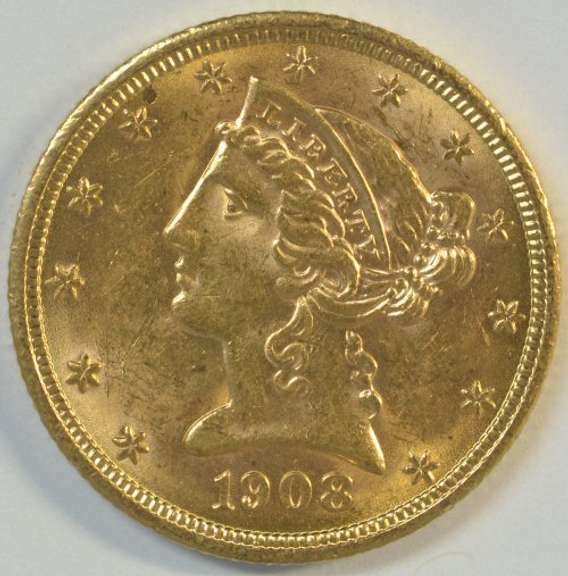 Vibrant BU 1908 US $5 Liberty Gold Piece. Full strike