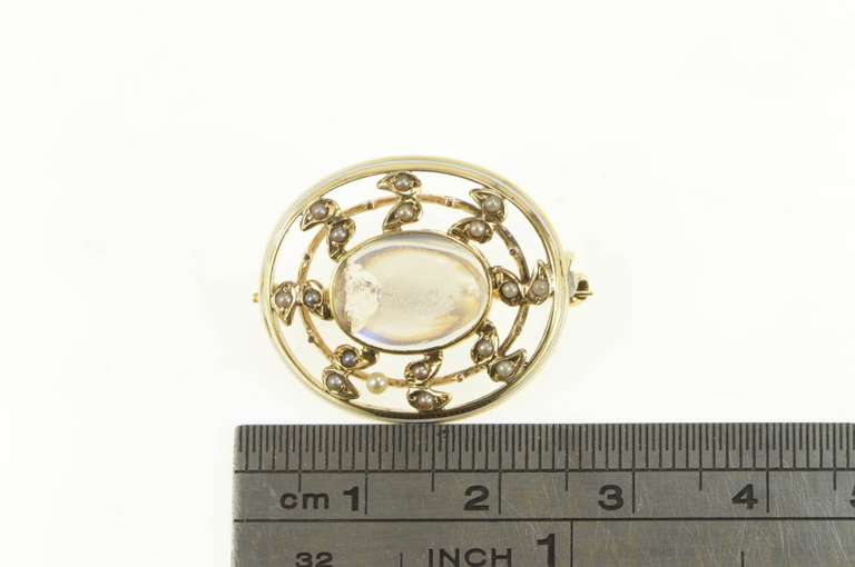 14K Yellow Gold Victorian Oval Moonstone Seed Pearl Vine Pin/Brooch