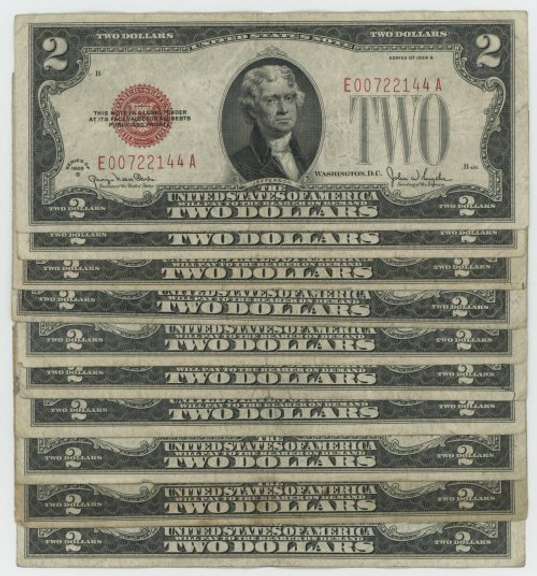 10 Series of 1928 Small Size $2 Red Seal Notes in circ