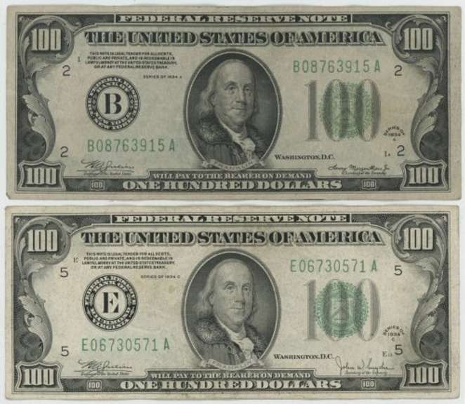Pair of nice collectible 1934 Series $100 Federal Reserve Note