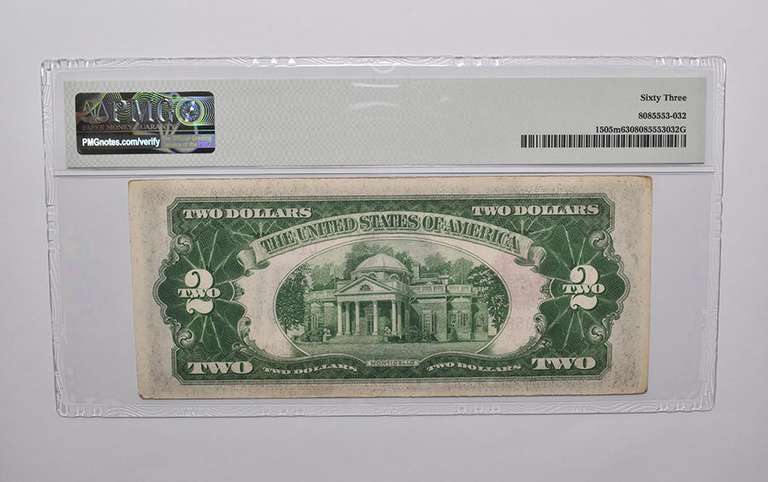 PMG63 EPQ $2 1928-D US Legal Tender FR#1505m Mule (CA Block) Red Seal