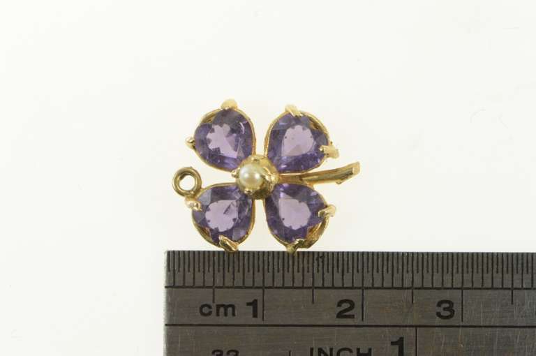 14K Yellow Gold Pear Amethyst Seed Pearl Clover Shamrock Charm/Pendant