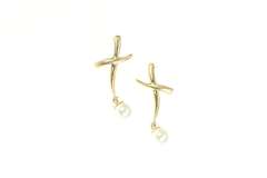 14K Yellow Gold Pearl Diamond X Criss Cross Dangle Designer Earrings