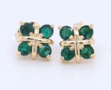 Nice Yellow Gold 4 Stone Emerald Stud Earrings