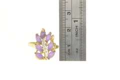 14K Yellow Gold Marquise Amethyst Diamond Wavy Leaf Cluster Ring