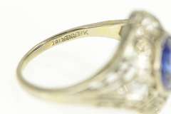 18K White Gold Art Deco Filigree Syn. Sapphire Diamond Ring