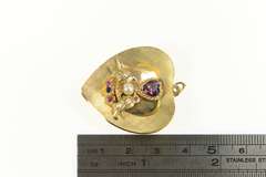 14K Yellow Gold 1960's Love Birds Pearl Amethyst Heart Charm/Pendant