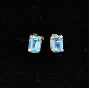Small 14K Yellow Gold Stud Earrings With Blue Topaz Stone, Girls Jewelry
