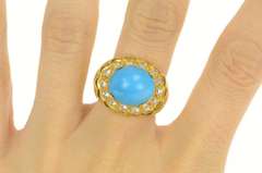 18K Yellow Gold Turquoise Scalloped Halo Domed Spiral Vintage Ring