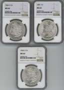 3 Diff. Blazing-white nearly Gem BU Morgan Silver Dollars. NGC MS64
